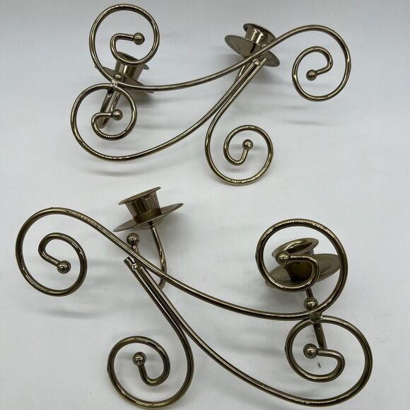 2 Pc Brass Toned Scroll Wall Mounted Taper Candle Sconces - Picture 2 of 9